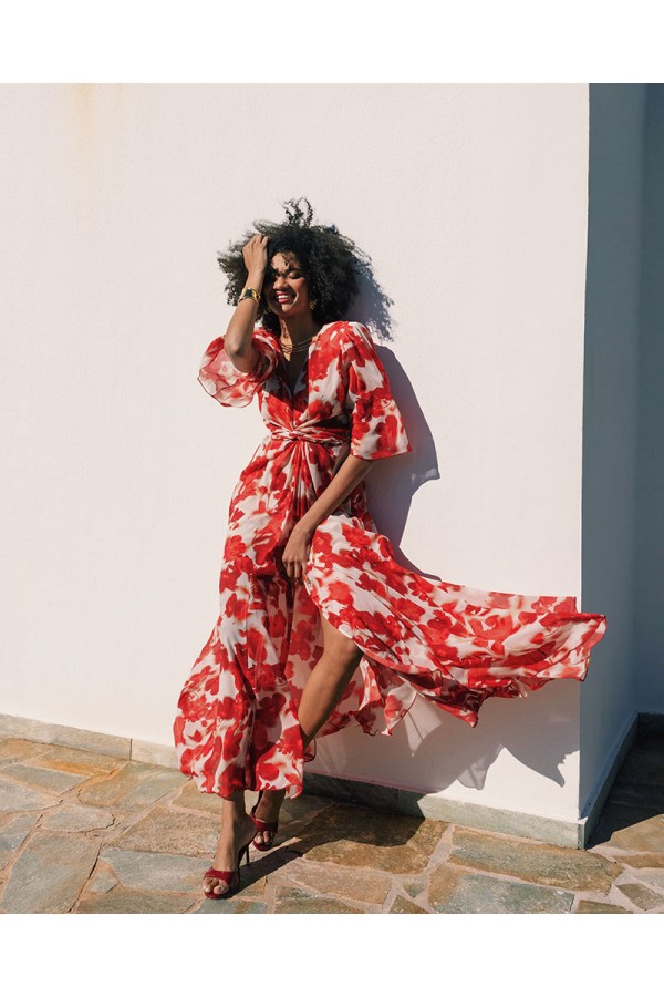 MERSEVI ABSTRACT FLAME MAXI WRAP DRESS
