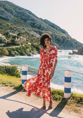 MERSEVI ABSTRACT FLAME MAXI WRAP DRESS