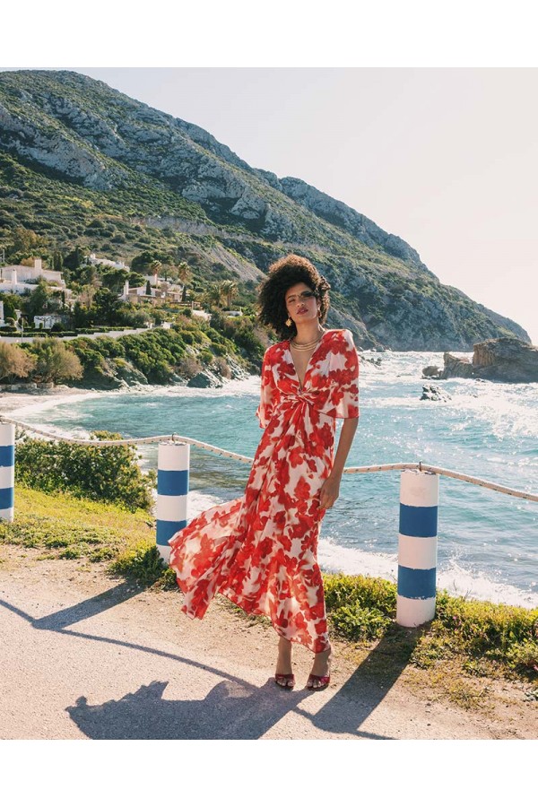 MERSEVI ABSTRACT FLAME MAXI WRAP DRESS