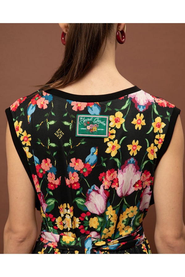 SLEEVELESS COTTON DRESS - BLOSSOMS BLACK
