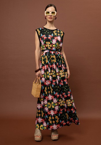 SLEEVELESS COTTON DRESS - BLOSSOMS BLACK