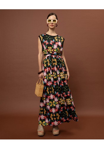 SLEEVELESS COTTON DRESS - BLOSSOMS BLACK