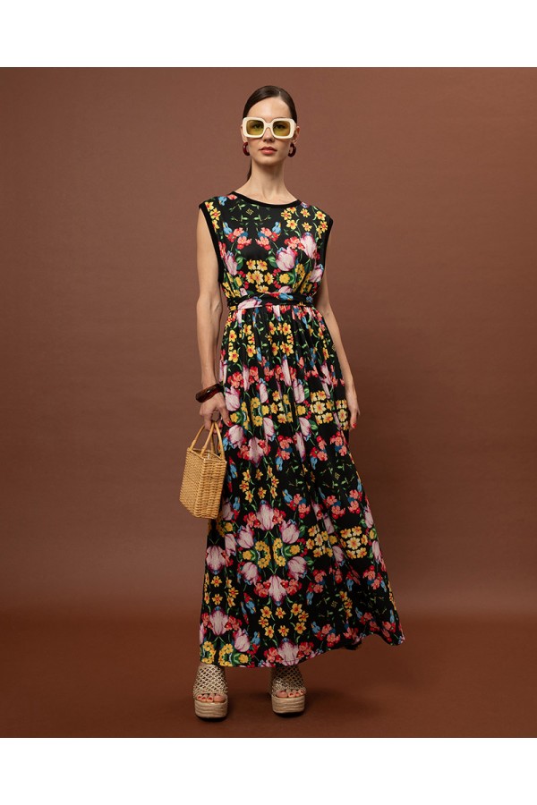 SLEEVELESS COTTON DRESS - BLOSSOMS BLACK