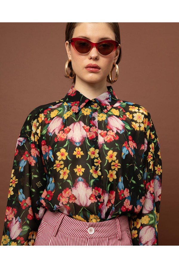OVERSIZED CHIFFON SHIRT - BLOSSOMS BLACK