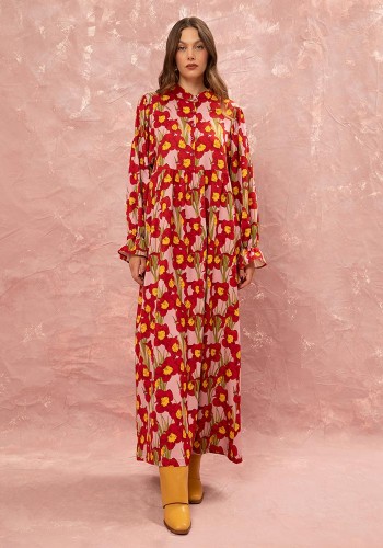 MAO COLLAR MAXI DRESS - NARCISSUS PINK